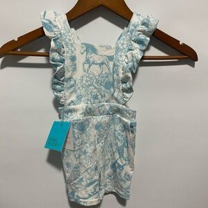 Posh Peanut 6-12 M Floral Blue and White Short bibs/romper